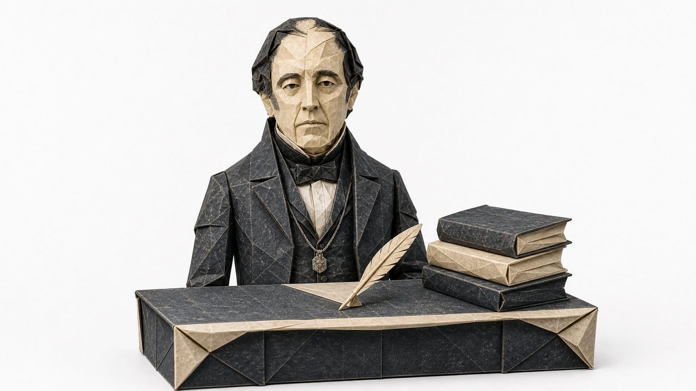 Escultura en origami de Andrés Bello frente a un escritorio de papel con libros y una pluma